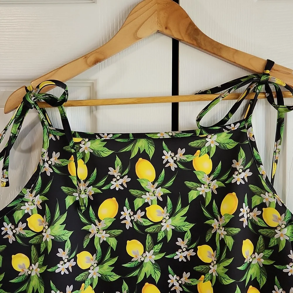 Missguided Black Lemon Print Mini Dress SZ 14 Tropical Tie Bows Vacation Fruit - Picture 5 of 8